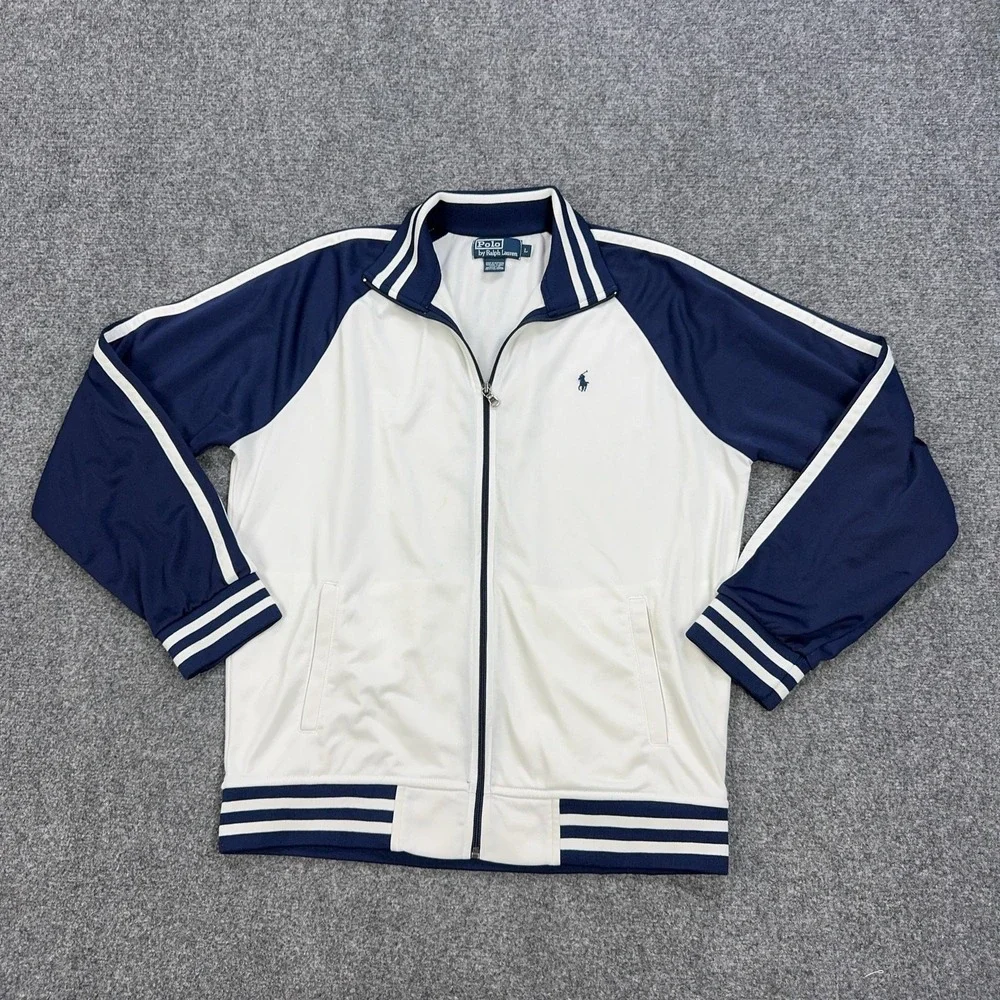 VTG Polo Ralph Lauren Track Jacket Mens L White Navy Full Zip Striped Colorblock